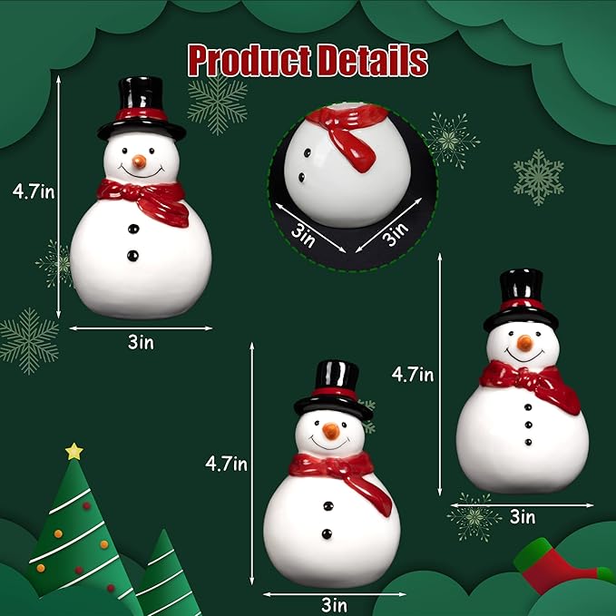 NEROSUN Christmas Snowman Figurines, 3 Pack Ceramic Cute LED Lighted Snowman Tabletop Christmas Decorations, Light Up Table Ornaments for Indoor Cabinet Mantel Fireplace Winter Xmas Decor
