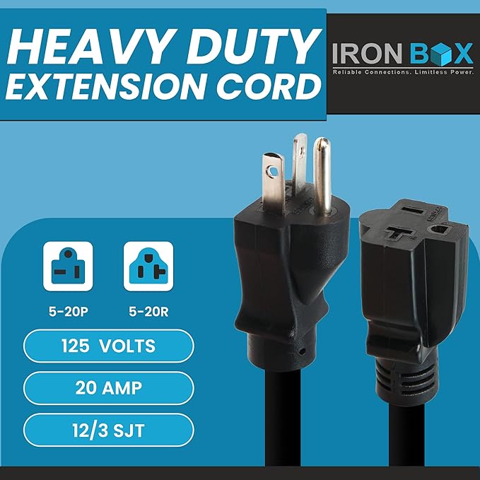 IronBox Electric NEMA 5-20P to 5-20R Extension Cord - 20A, 125V, 12/3 SJT Jacket - Heavy Duty Outdoor Generator Cords & Plugs - UL Listed Extension Cable for Data Centers, Camper & More (25ft, Molded)