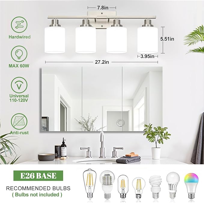 4-Light Vanity Light with Milky White Shades, Brushed Nickel Bathroom Lighting Fixtures Over Mirror, Modern Bathroom Wall Lamp for Mirror Living Room Cabinet Bedroom