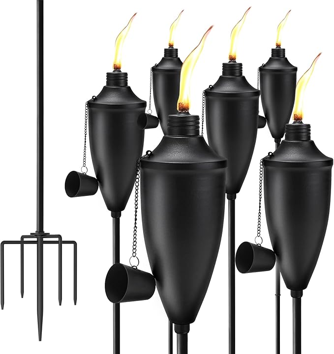 Home Garden Torch Set of 6, Large Capacity 22oz Outdoor Metal Torch Garden Décor, 61 in Upgraded Citronella Torches with 5-Prong Grounded Stake, Torches for Party Patio Pathway