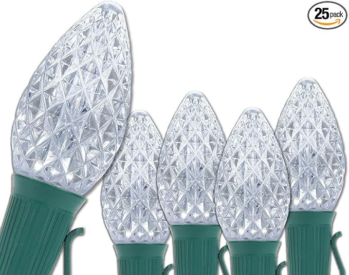 25 C7 Opticore Cool White Heavy Duty Christmas Lights – Outdoor Commercial Bulbs with 18 Gauge Green Wire (25 ft)
