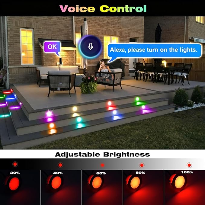 FVTLED Recessed LED Deck Lights Kit, Φ1.77 Low Voltage WiFi Pixel RGBW+IC Deck Lighting Work with Alexa/Google Home, IP67 Waterproof Outdoor Step Lights DC12V for Garden,Steps,Stair(6 Pack, Black)