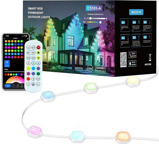 Permanent Outdoor Lights 100ft with 111 Lighting Scenes, 105° Optimal Light Angle, for Halloween Christmas, Compatible with Alexa, Google Assistant, IP67 Waterproof, Smart RGB Outdoor Lights 72 LEDs