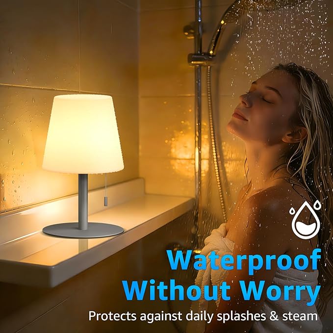uuffoo Shower Lamp Waterproof Warm White & RGB Shower Light Dimmable LED Rechargeable Table Lamp Cordless Outdoor Lamps Portable for Indoor Outdoor Bathroom Home Patio H9.8in D6.3in (Gray)