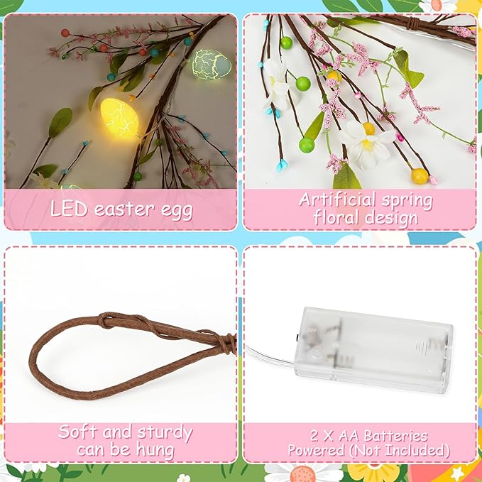 JUNEBRUSHS 6 FT Lighted Easter Egg Garland, Artificial Floral Spring Garlands for Mantle Fireplace Garland for Spring Home Decor Easter Party Indoor Outdoor Decoration