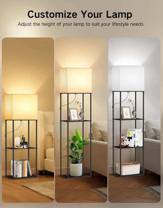 OUTON Floor Lamp with Shelves, Modern Large Size Rectangle Standing Shelf Lamp with 3 Color Temperature Bulb, Storage Display Wood Column Tall Bookshelf Lamp for Living Room, Bedroom Office, Black