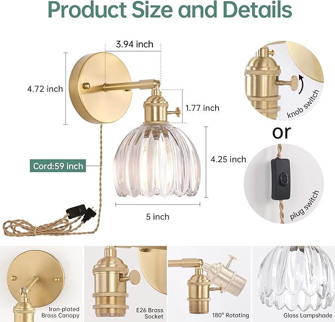 Plug in Wall Sconce, Transparent Tulip Glass Lampshade Wall Light Plugin Corded for Bedside Bedroom Doorway, 2 Pack
