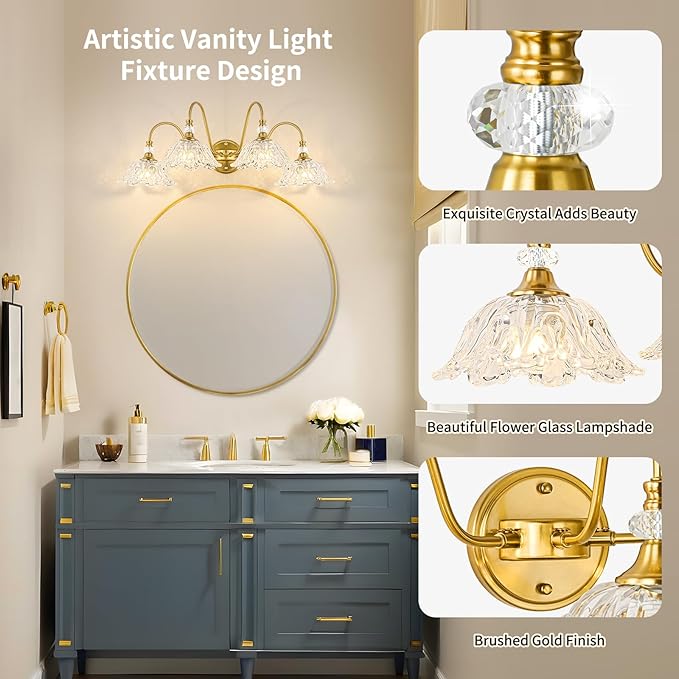Gold Bathroom Vanity Light, 4-Light Brushed Gold Finish Vanity Light with Floral Clear Glass Shades, Vintage Wall Mount Lighting for Bathroom, Dressing Table