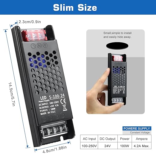 LED Driver 24V 100W 4.1A Slim LED Power Supply, AC 100-250V to 24V DC Adapter, Constant Voltage LED Transformer for Strip Lights, Bulbs, Garden and Cabinet Lights