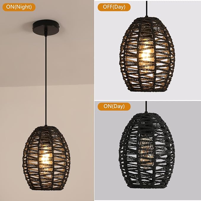 DELIPOP Pendant Light, Hand-Woven Rattan Chandelier, Boho Hanging Light with Adjustable Cord 4.9ft for Living Room, Dining Room, Kitchen, Bedroom (Black)