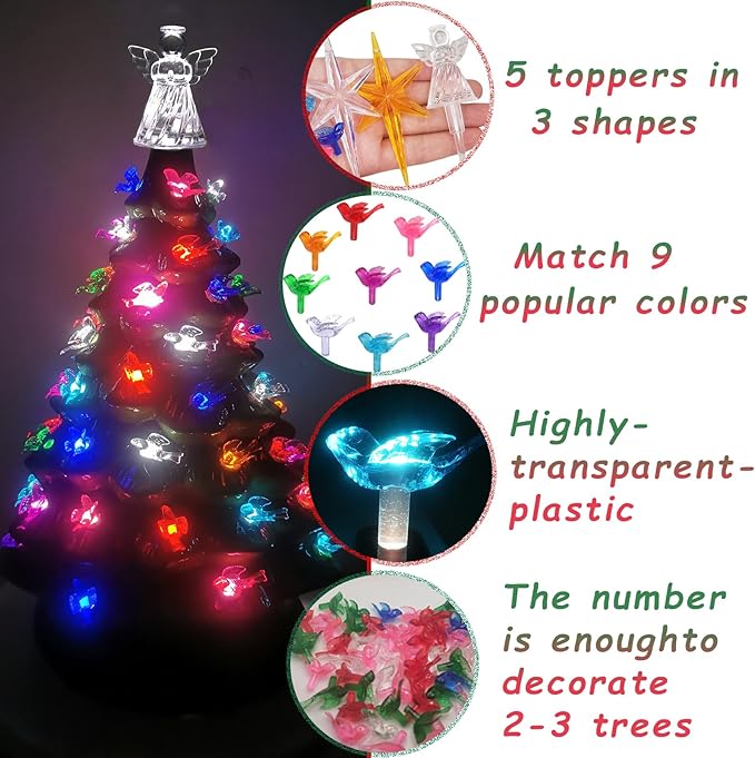 137Pcs Ceramic Christmas Tree 9 Lovely Colors Bird Replacement Bulbs Lights ＆1 Angel/4 Stars Tree Topper Ornament for Ceramic Tree Décor - Medium Plastic Pegs.