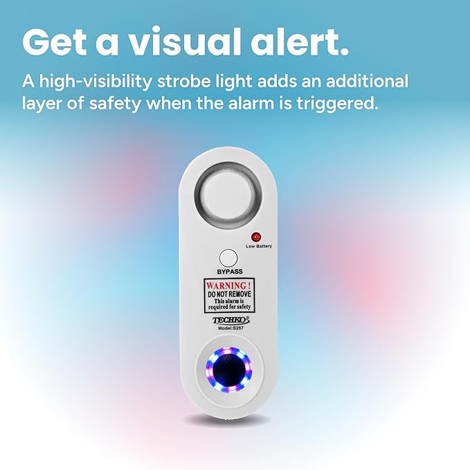 TECHKO Strobe Safe Pool Alarm for Kids, Pets, ETL Listed UL 2017 Compliant, Indoor/Outdor Weather Resistant, LED Strobe Lights & 115 dB Alarm System with Bypass Buttons, Easy Install, White, S287