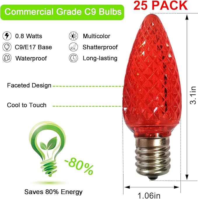 echosari 25 Pack C9 LED Replacement Christmas Light Bulbs for Outdoor String Light, 0.8W UL Listed Commercial Grade Holiday Bulbs, C9/E17 Candelabra Base Sockets (Multicolor)