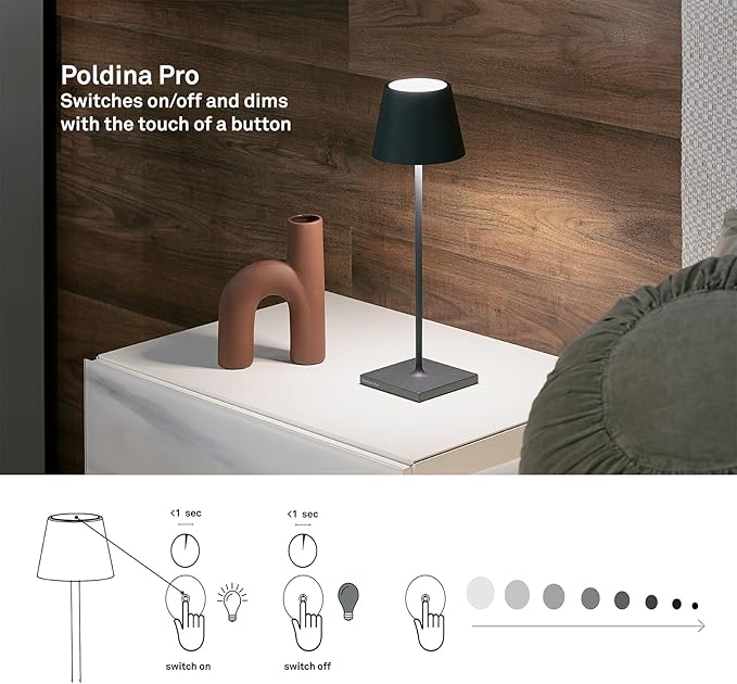 Zafferano, Poldina Pro Lamp with with Glossy Chrome Finish, Rechargeable Cordless Table Lamp with Touch Controls, Usable as an Indoor Lamp, Dimmer, 2200-3000 K, Height 14.9 Inches