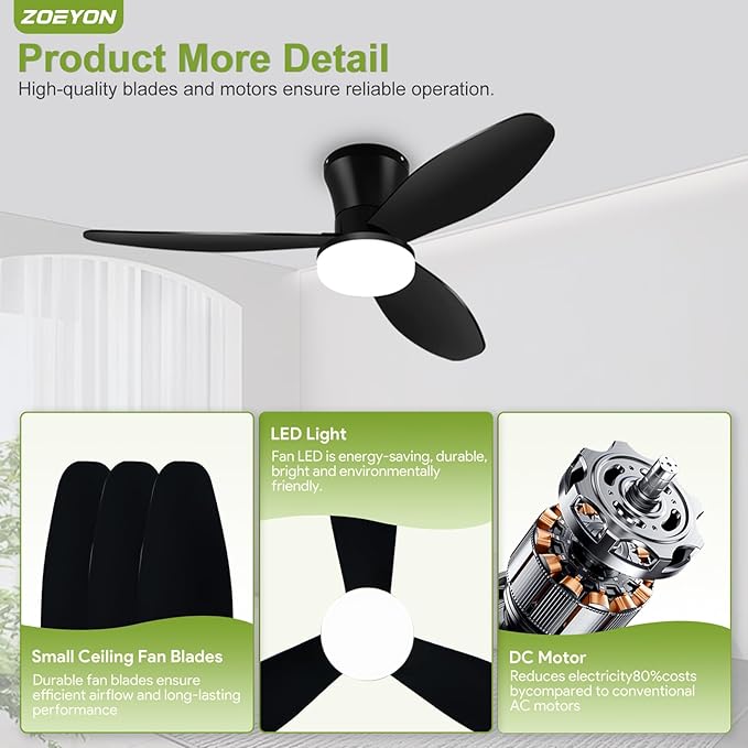 Small Ceiling Fan with Light - 42 Inch Flush Mount Ceiling Fan with Lights and Remote, Low Profile Ceiling Fans with 3 Reversible Blades, 6 Wind Speeds, Black Ceiling Fans for Bedroom