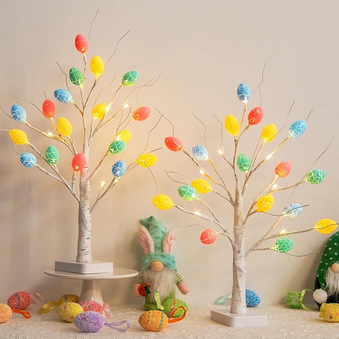 Vanthylit Easter Decorations, 2 Pack Lighted Easter Tree Battery Operated with Timer, 22 Inch LED Birch Tree with 36 Egg Ornaments Indoor Tabletop Centerpiece Light for Home Decor
