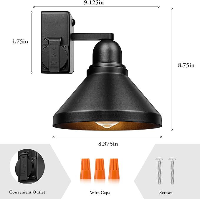 Brightever Motion Sensor Outdoor Wall Lights, Dusk to Dawn Porch Lights Outdoor Wall Sconces, Exterior Barn Lighting Fixtures with Outlet, Black Outside Lights for House, 2-Pack