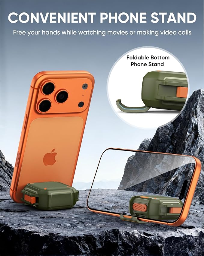 MoKo for AirPods 4th Case with Lock - IP68 Waterproof & Military-Grade Protection, Drop-Proof Hard Shell Protective Earpods 4 Cover with Keychain, Cleaner Kit & Phone Stand, Army Green