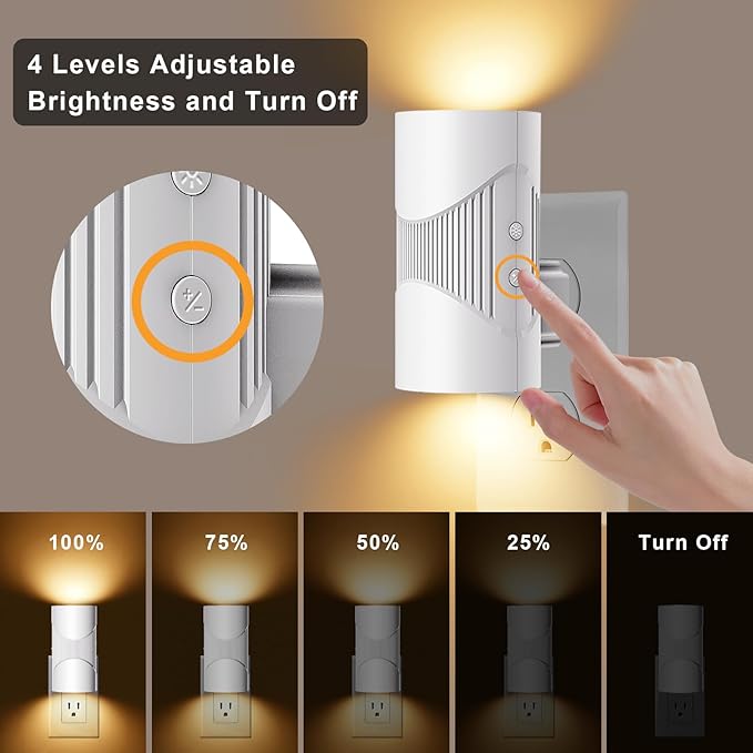 easuntec Night Light, Night Lights Plug into Wall, Warm Led Night Light, Dusk to Dawn Light Sensor, 3 Light Modes, Dimmable Night Lights for Bedroom Bathroom Hallway Kitchen Stairs (White, 2 Pack)