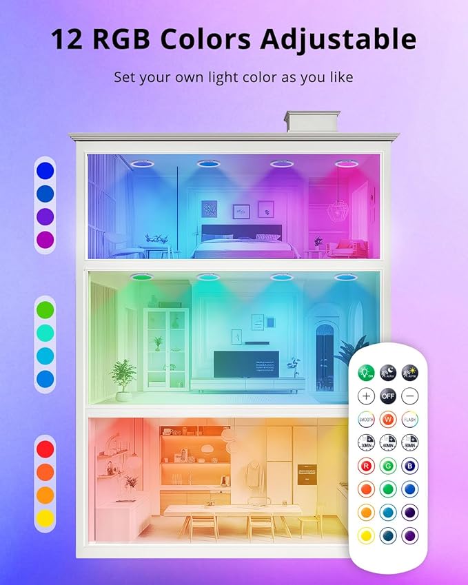 wowatt 13 Colours Battery Operated Ceiling Lights, Rechargeable Motion Sensor Light Indoor Wireless Shower Lamp with Remote, 7.48in Dimmable Timing Motion Activated for Closet Shower Pantry