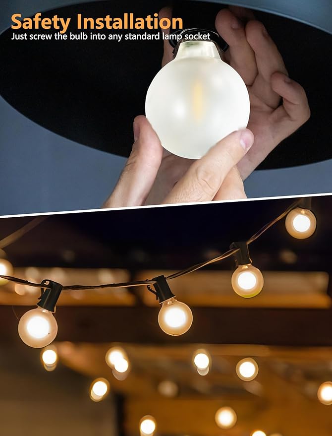 25 Pack G40 LED Globe Frosted Light Bulbs, Shatterproof Led Replacement Light Bulbs for Indoor Outdoor String Lights, E12 Screw Base 0.6watt, Warm White Christmas Decor