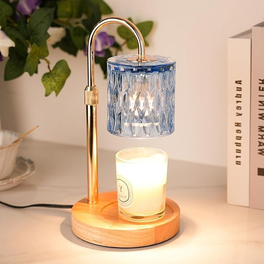 Candle Warmer Lamp with Timer and Dimmer, Height and Brightness Adjustable,Glass Electric Wax Warmer with 2 Bulbs for Women Mom Gifts, Home Decor for Scented Jar Candles (Blue)