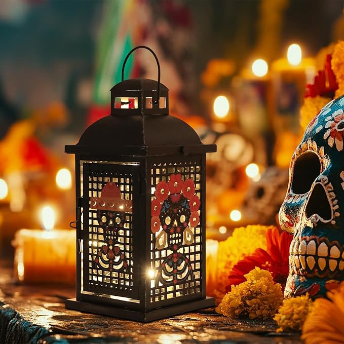 Day of The Dead Decorations, DECORKEY 13.4’’ Decorative Skull Women&Men Candle Lantern with 60" Lights(No Battery), Tabletop&Hanging Lantern for Indoor&Outdoor Yard Altar Table Party Halloween Decor
