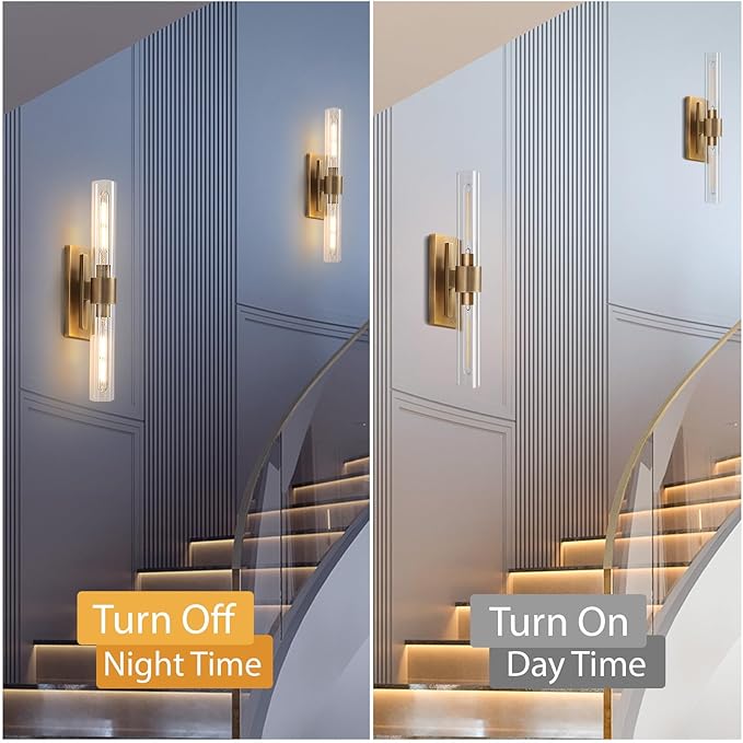 YUYI Brass Wall Sconces Set of Two, 22.8'' Gold Bathroom Sconces Wall Decor with Clear Glass Shade, Indoor Vanity Wall Lights for Bathroom Living Room Bedroom Hallway Fireplace Staircase