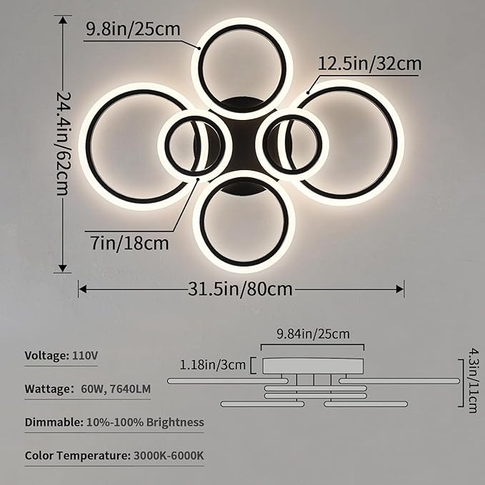 6 Rings Black Modern LED Ceiling Light Fixture, Flush Mount Ceiling Light with Remote Dimmable Brightness, Adjustable 3000-6000K Color Temperature, Timer for Living Room, Bedroom