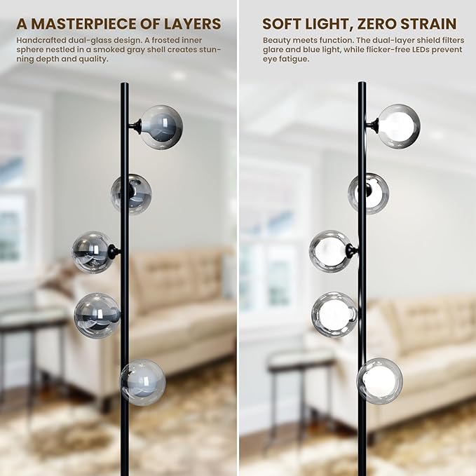 Mid Century Modern Floor Lamp, 5-Light Glass Globe Tall Standing Tree Lamp, Smoked Double-Glass Shades, 3 Color Temp G9 Bulbs Included, 1800LM Bright Corner Light for Living Room, Bedroom