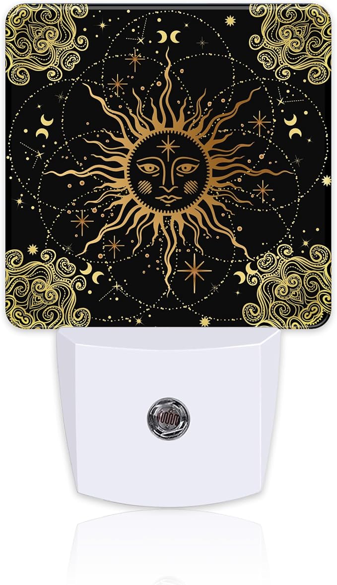Boho Golden Sun Night Light for Kids, Mystical Astronomy and Astrology Night Light Plug in with Dusk to Dawn Sensor, 0.5w Energy Saving Sleep Friendly Nightlight for Hallway Stairway Kitchen Bedroom