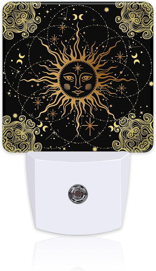 Boho Golden Sun Night Light for Kids, Mystical Astronomy and Astrology Night Light Plug in with Dusk to Dawn Sensor, 0.5w Energy Saving Sleep Friendly Nightlight for Hallway Stairway Kitchen Bedroom