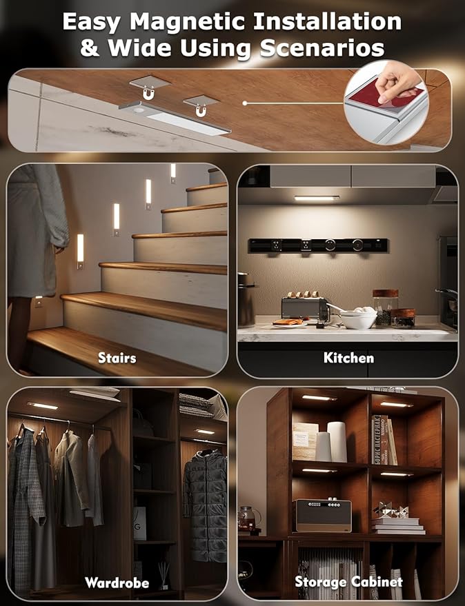 8" Ultra-Thin Under Cabinet Lighting Wireless, Aluminum Alloy Under Counter Lights for Kitchen, 3-Color-Temps Magnetic Closet Lights, Rechargeable Motion Sensor Light Indoor (4 Pack, Silver)