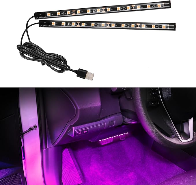 Wuyaoyao Car LED Strip Light, 12V 24 LED Vehicle Interior Atmosphere Lamps with USB Port, Auto Under Dash Ambient Night Light, Universal Car Accessories (Pink Purple, USB)