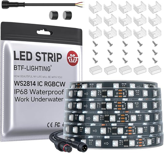 BTF-LIGHTING IP68 Waterproof Outdoor WS2814 RGBW IC LED Strip RGB+Cool White(6000K) Addressable Dream Color 5050SMD Light DC24V 16.4ft 60LEDs/m 10Pixels/m Can Work Outdoor(No Adapter or Controller)