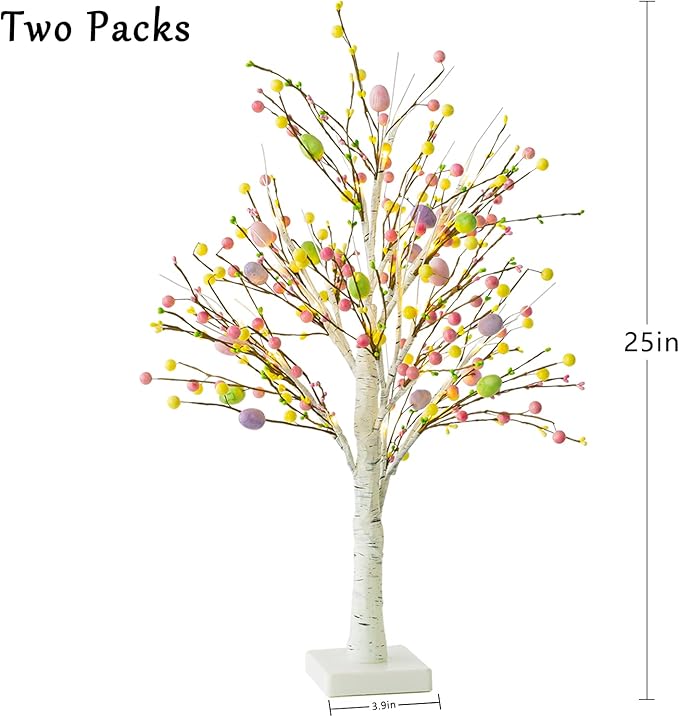 Ethlomoer Easter Decorations, 2 Pcs 25 Inch Pre-Lit Easter Egg Tree with Timer, Battery Powered Easter Birch Tree with 24 LED Lights, Easter Trees for Home Party Wedding Holiday Spring Decoration
