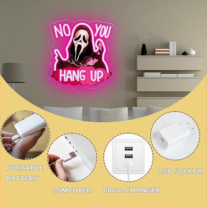 Symone No You Hang Up Halloween Ghostface Mask Neon Sign, Halloween Skull Neon Light USB Powered, for Halloween Party Spooky Decor Neon Horror Decor Horror Movie Sign Halloween Gifts(11.8 * 11.6 In)