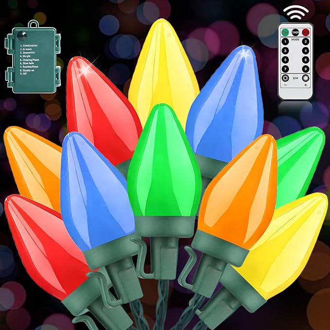 50 LED C7 Christmas Lights Battery Operated 24Ft C7 Christmas Lights C7 Christmas String Lights Remote Timer 8 Lighting Modes for Indoor Outdoor Room Garden Yard Roof Tree Party Christmas Decor
