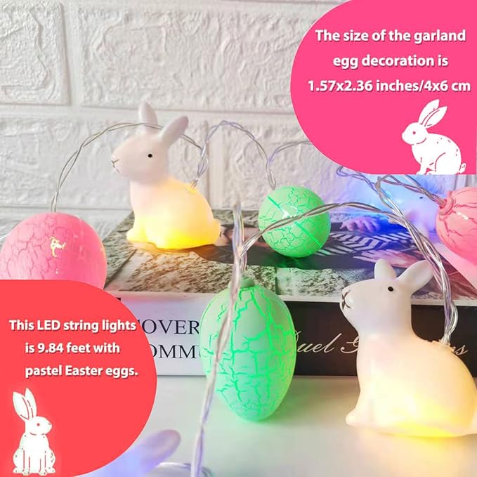 SWEETIME Easter Egg Bunny Lights,9.84 ft Cracked Egg Window String Lights,Battery Powered Colorful Eggs String Light for Home Bedrooms Window Tree Indoor Outdoor