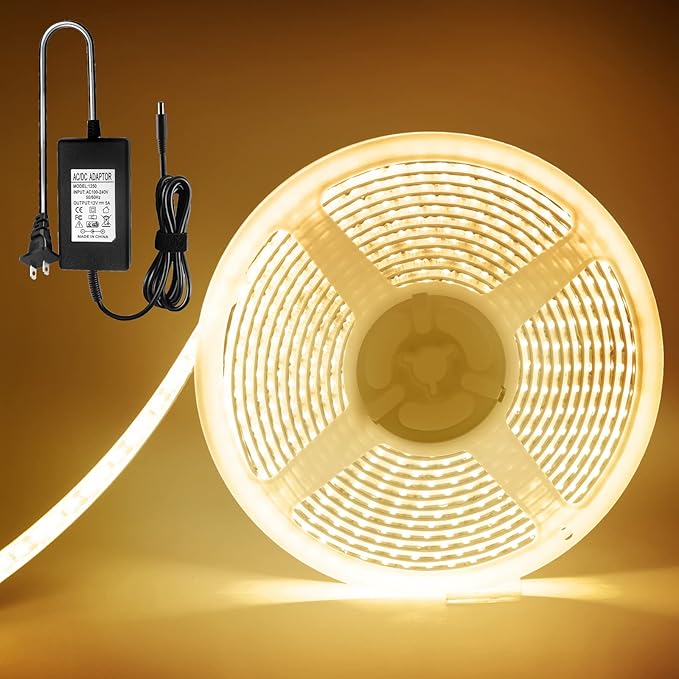 YM E-Bright Warm White Flexible LED Strip Lights Waterproof IP68 with 5A Power Adapter 12V Led Light Strips 5M /16.4Ft 600SMD for Home Kitchen Under Cabinet Stage Party Decoration Light