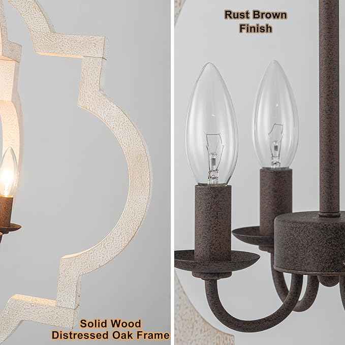 21.7" Oak Farmhouse Chandeliers for Dining Room Light Fixture Orb Distressed White Wood Pendant Light Kitchen Chandeliers over Table Ceiling Hanging Light for Island Living Room Bedroom Entryway Foyer