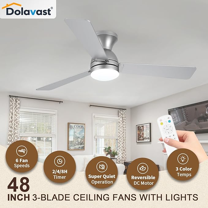 Ceiling Fans with Lights, 48 inch Low Profile Ceiling Fan with Light and Remote Control, Flush Mount, Reversible, 3CCT, Dimmable LED, Noiseless, Nickel Ceiling Fan for Bedroom, Dining Room