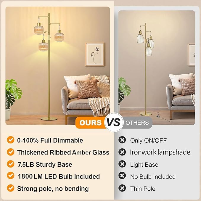 Floor Lamp with Amber Glass Shade, Dimmable Standing Lamp for Living Room, Modern Mid Century 3 Lights Tall Tree Lamp, Rotary Switch, 3 x 6W LED Bulbs Included