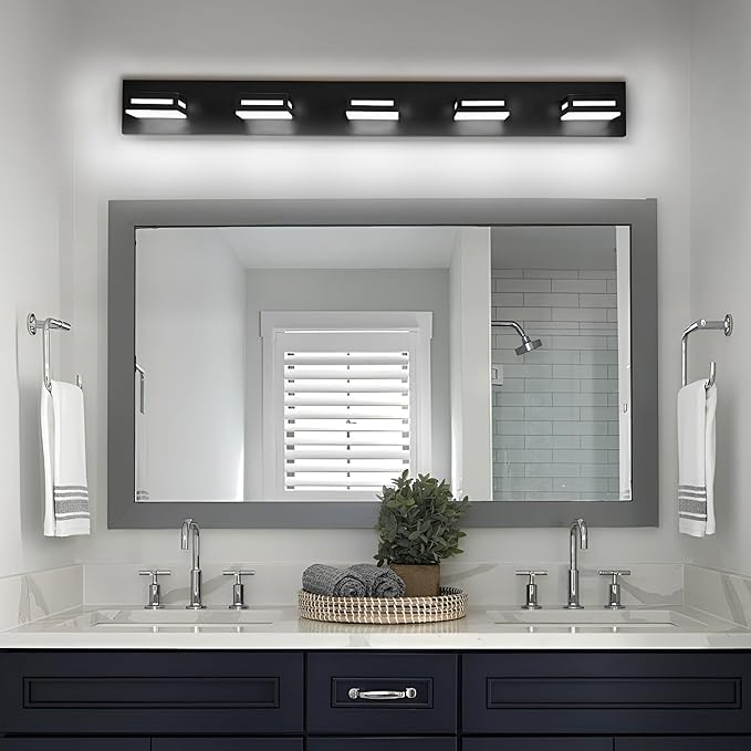 40-Inch 5-Light LED Modern Black Bathroom Vanity Light Fixtures Over Mirror, Bathroom Lighting Fixtures with Cool White 6000K, Vanity Wall Lights for Bath Restroom Powder Room