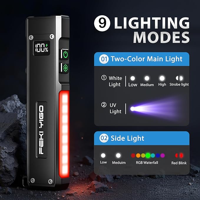 Feki Yigo Flat EDC Flashlight Rechargeable - 1800 Lumens LED Pocket Flashlight with 365nm UV Light, RGB Modes, Magnetic Base, Digital Display,IPX4 Waterproof for Camping, Emergency, Mechanics (Black)