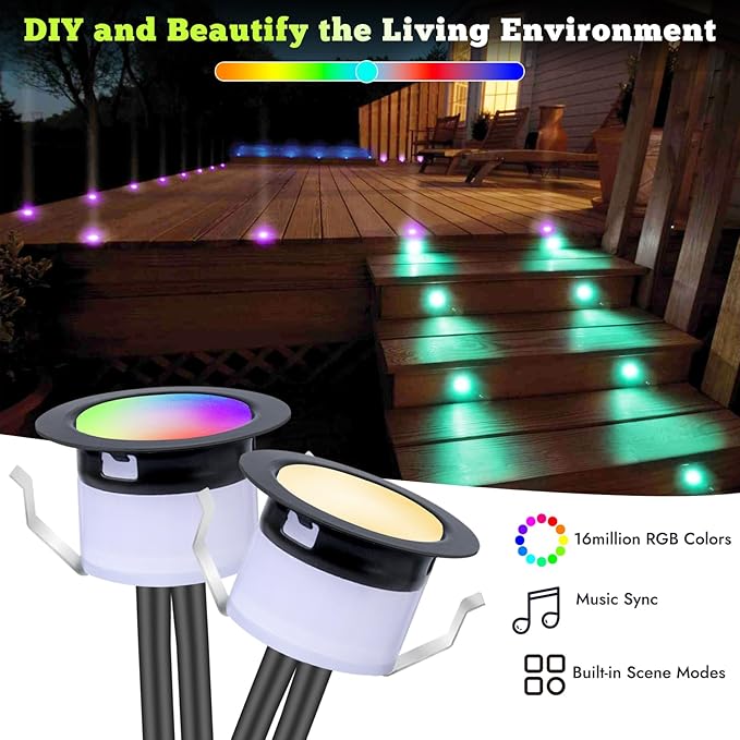 FVTLED LED Deck Lights Kit, 20pcs Φ1.22 D31 WiFi Smart Phone Control Low Voltage Recessed RGBW Deck Lighting Waterproof Outdoor Yard Path Stair Decor, Black