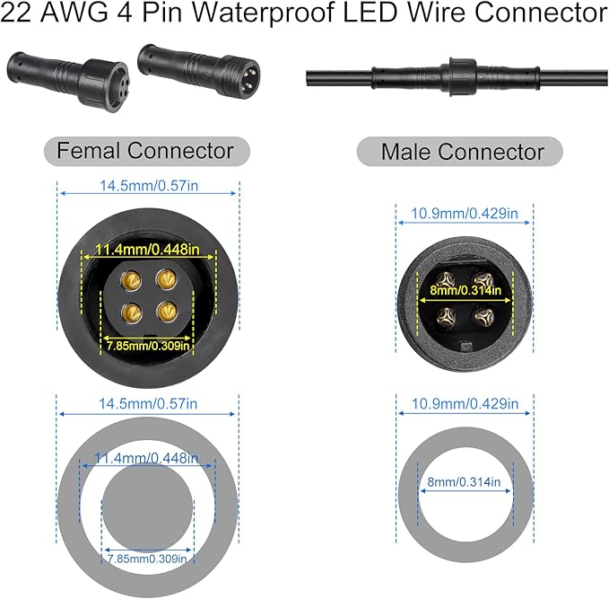 MAD OWL 4 Pin Waterproof LED Wire Connector, 22 AWG 236.2 inch/6M IP68 Male and Female Heads Extension Cable for Indoor and Outdoor LED Strip Light(1 Strip Black)