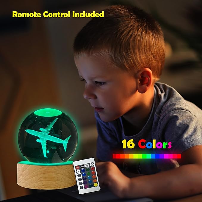 Catta 3D Airplane Crystal Ball Night Light, Remote Control with 16 Colors Change,Plane Decor for Men Boy Kids Room(2.4 Inch)