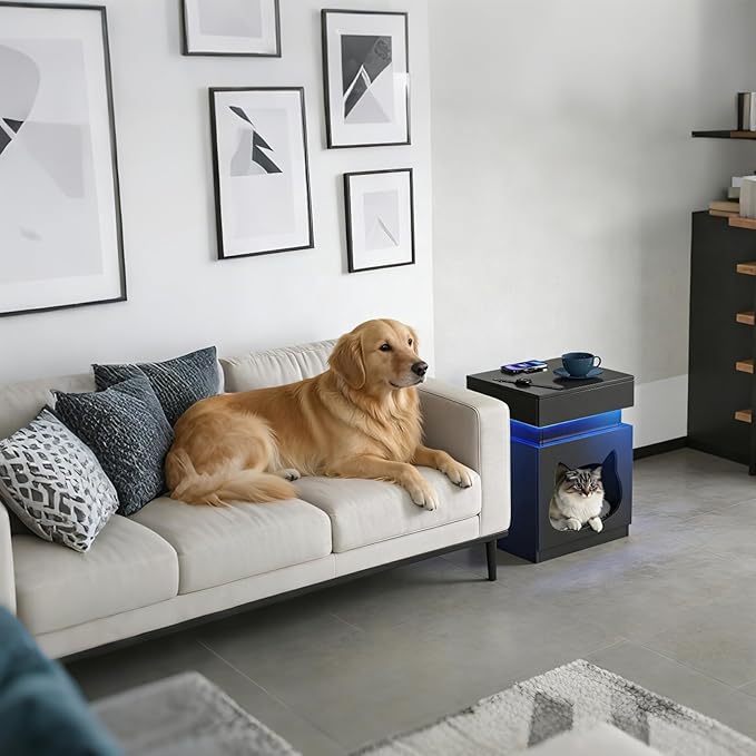 Night Stand with Charging Station, Wooden Bedside Table with LED Lights, Dark Grey Nightstand with Sliding Drawer, Modern End Table with Storage Space for Bedroom, Office, Courtyard