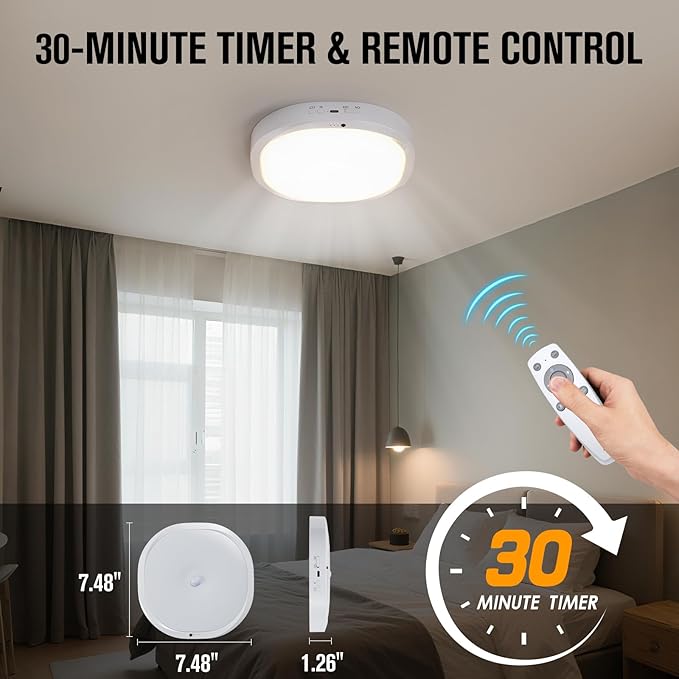 Rechargeable Motion Sensor Ceiling Light Indoor, 10000mAh Battery Operated Closet Light with Remote Control, Magnetic Mount Shower Light for Bathroom/Pantry/Garage 2-Pack